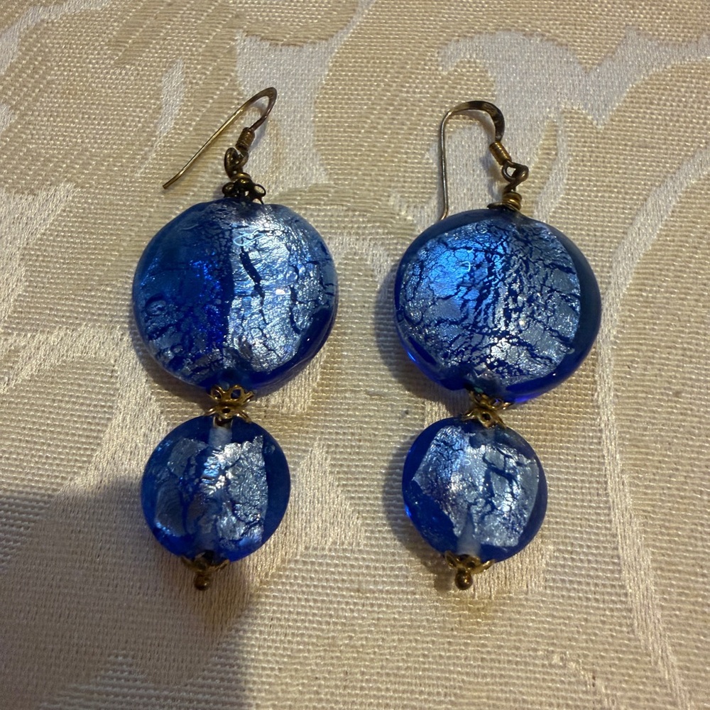 Elegant Blue and Silver Dangle Murano Earrings from Venice Italy